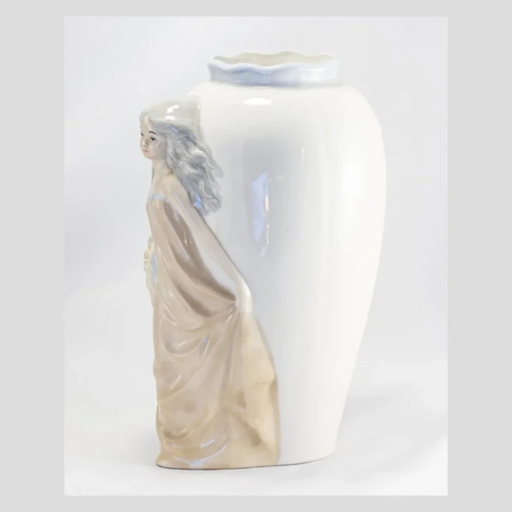 Vintage Sanbo Spain Porcelain Lady Vase Girl Flowers 10.5” Spanish Figurine